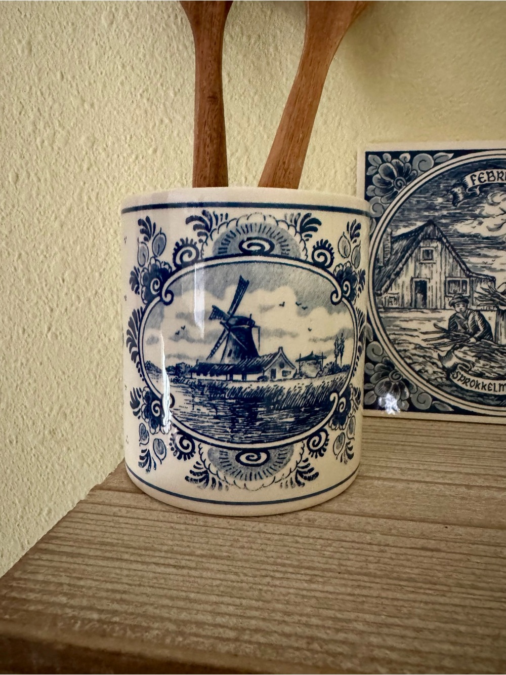 Blue and White Ceramic Windmill Utensil Holder - Classic Home Art